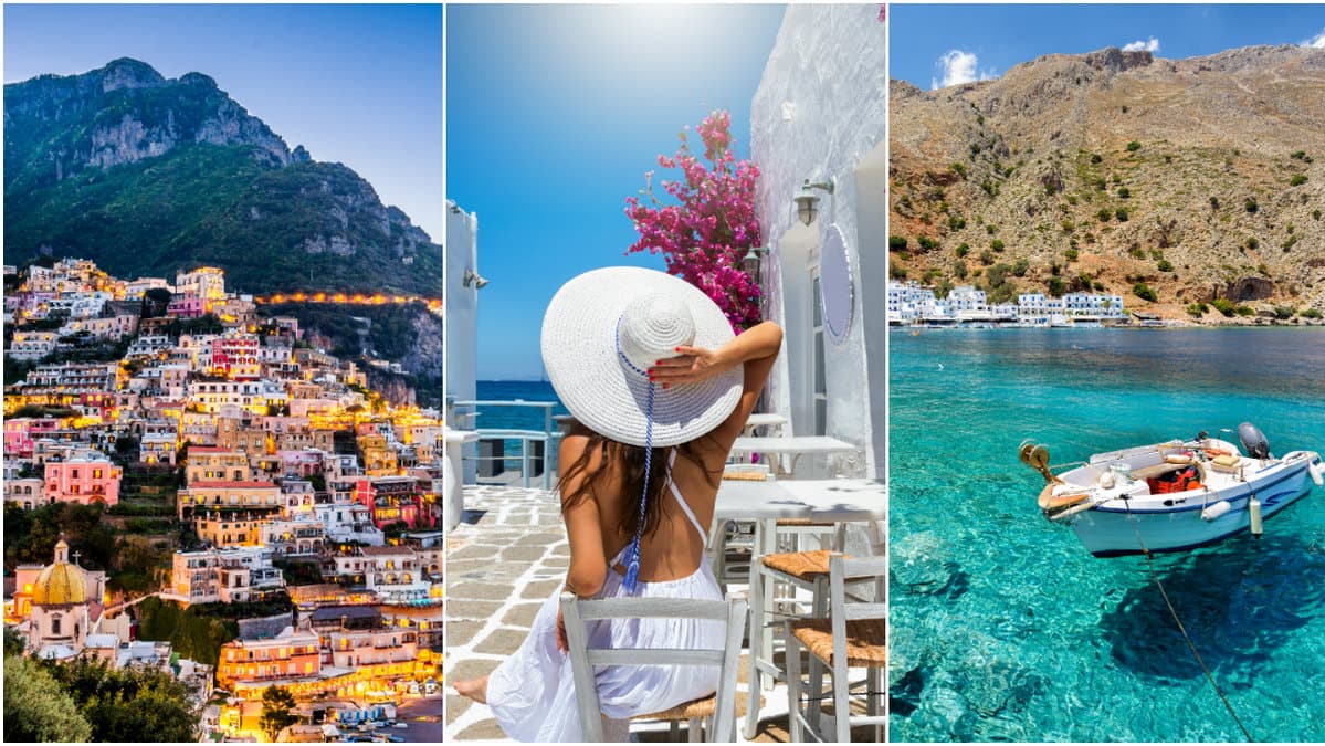 Positano, tjej i Grekland, båt på Medelhavet