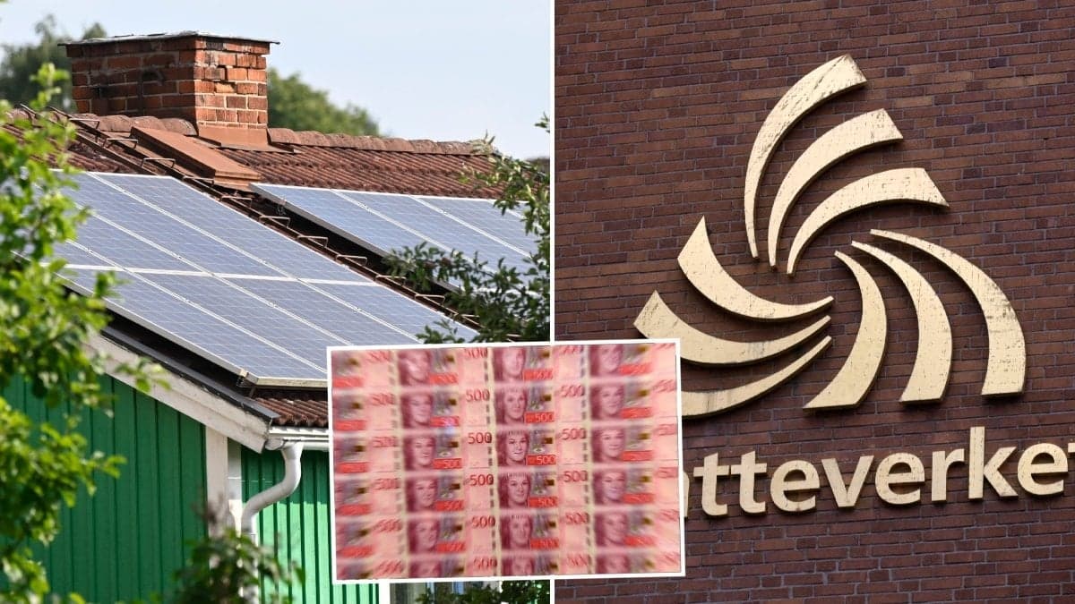 Hus med solceller och Skatteverkets logga. 