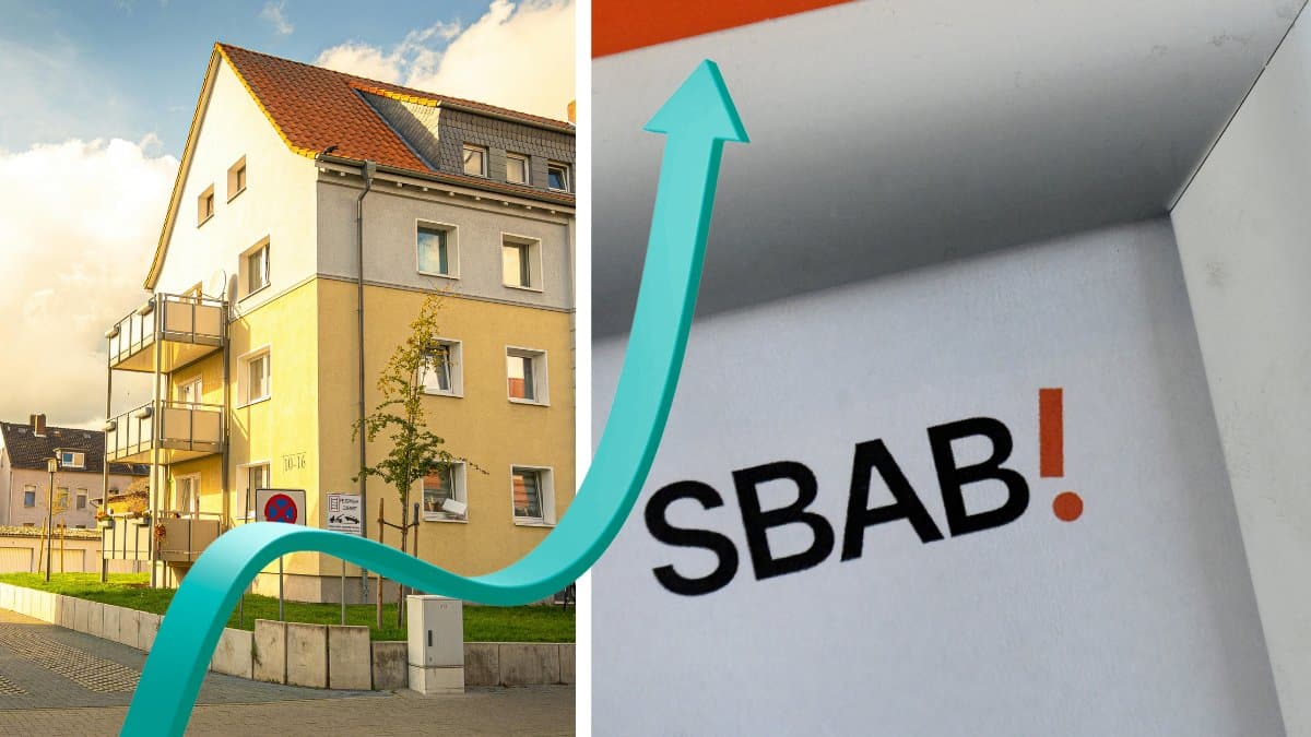 Lägenheter vänster. SBAB-skylt höger. En grön pil som går upp i mitten.
