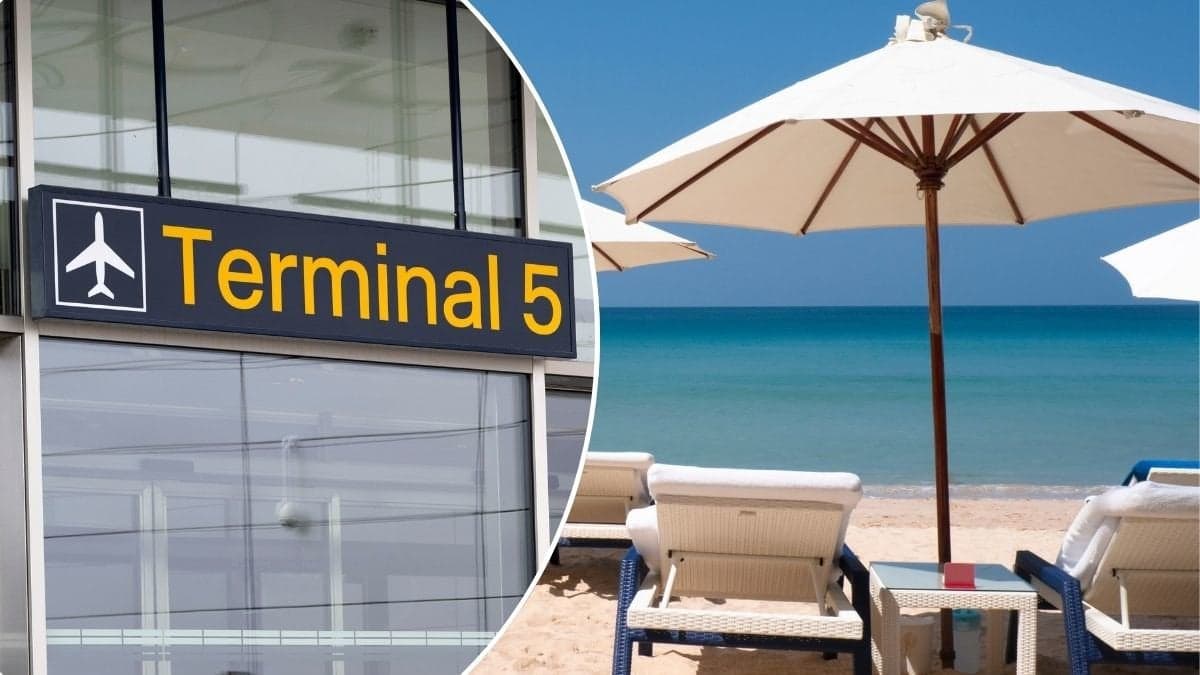 Bilder på en strand i Asien och en skylt på Terminal 5 på Arlanda.