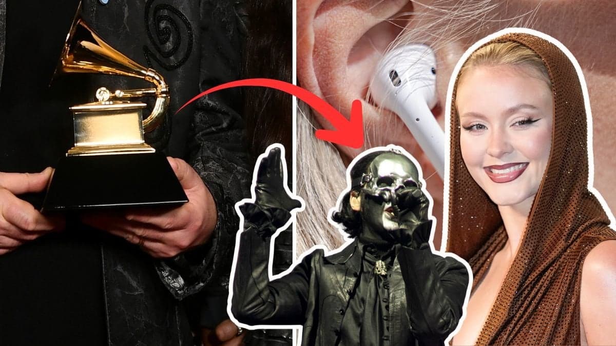 Grammypris till vänster. Zara Larsson och Ghost till höger utklippta. Bild på hörlur i ett öra till höger. Röd pil pekar från priset till Zara och Ghost. 