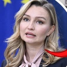 Ebba Bush närbild vänster. Bild på Ebba Busch i sin TikTok utklädd i Ica-kläder höger.