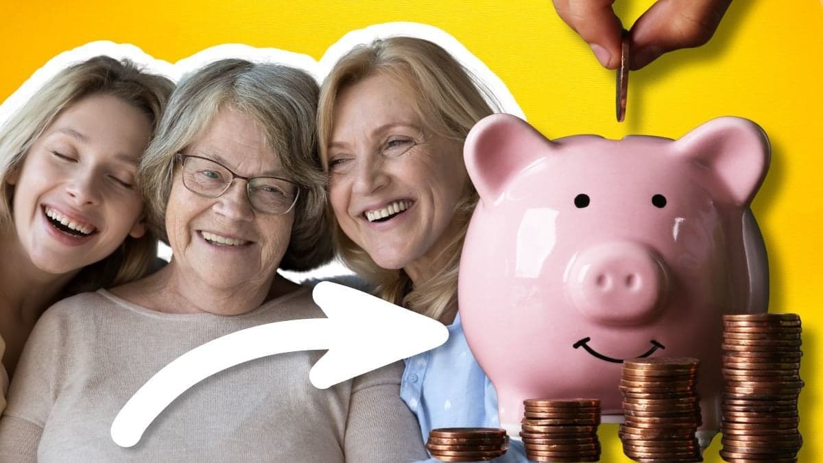 Ung kvinna, äldre kvinna och en medelålderskvinna samt en spargris med mynt intill