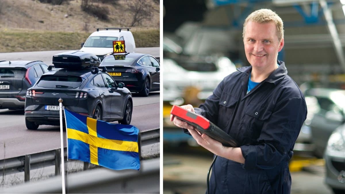 Bilväg och bilar som kör, samt en man på en bilverkstad.