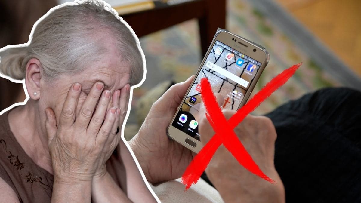 Ledsen kvinna, mobiltelefon och rött kryss.