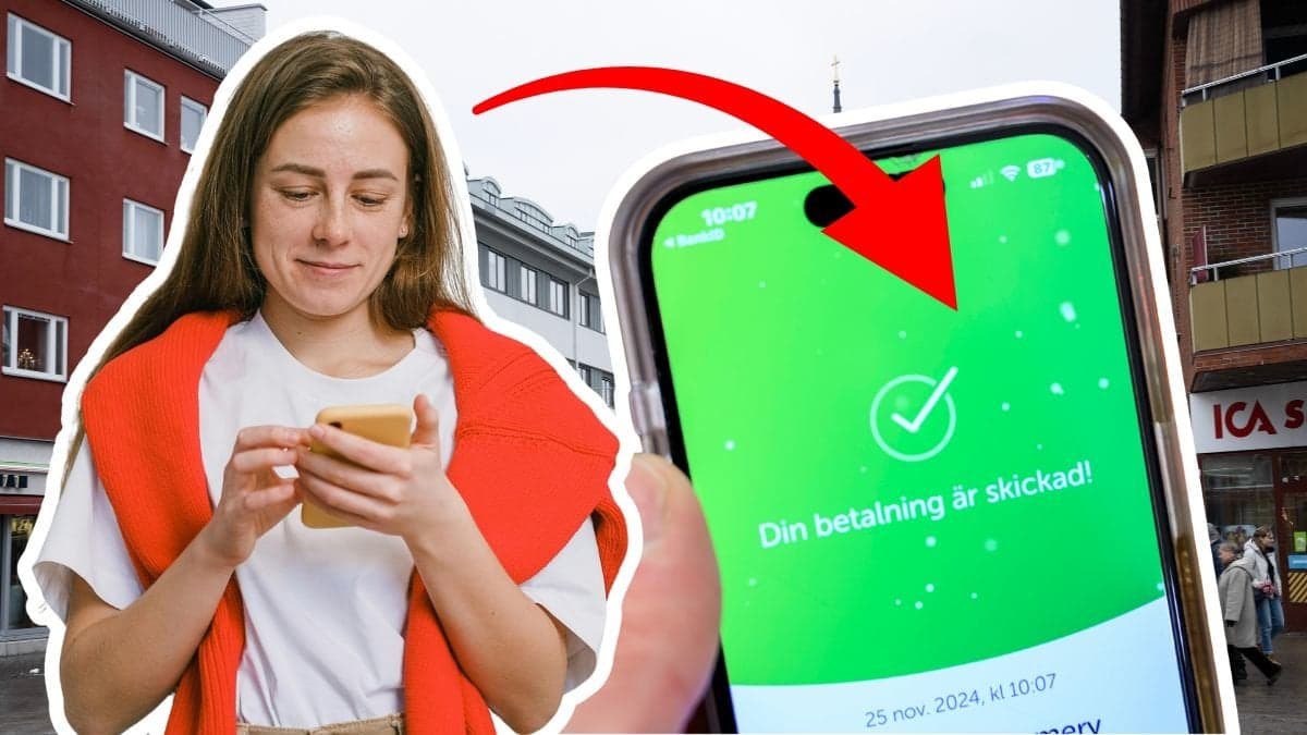 Tjej med mobil och genomförd swish på mobil