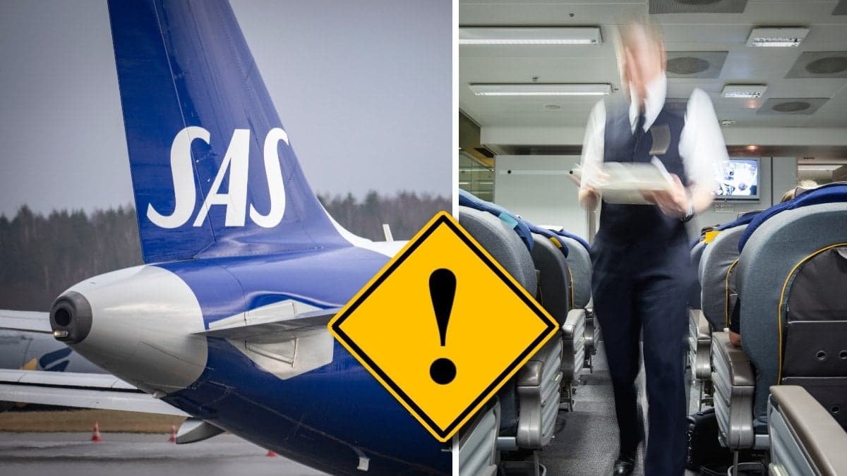 Svansen på ett SAS-flygplan och en flygvärd inne i ett flygplan.