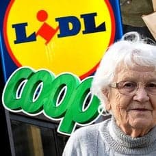 Lidl-skylt, Coops logga, Willys-påse, Ica-skylt och en äldre kvinna