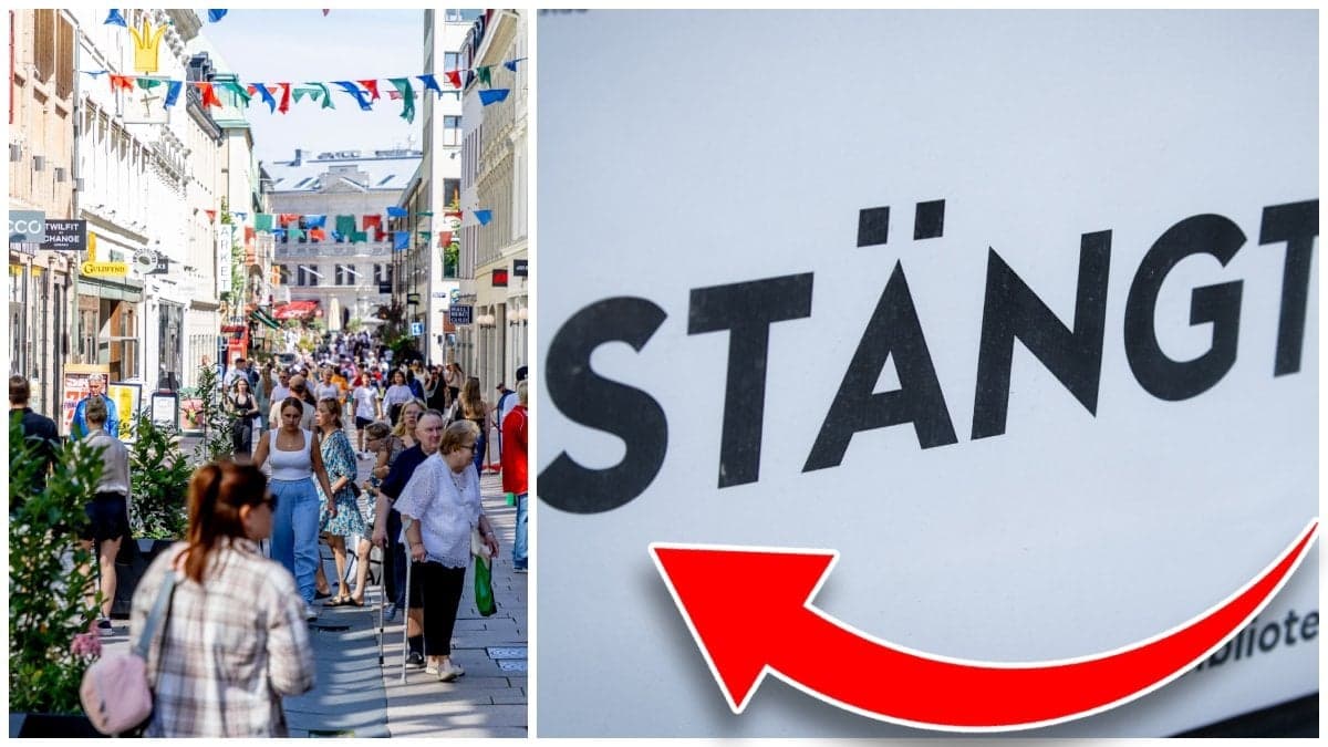 Personer på Kungsgatan i Göteborg och en Stängt-skylt