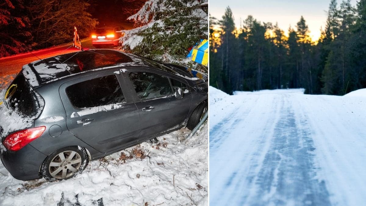 Bil i diket och en isig väg. 