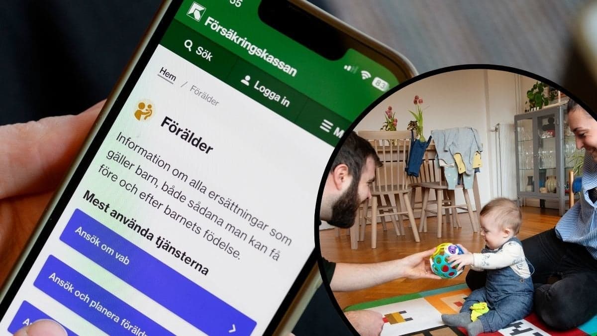 Försäkringskassans app och föräldrar med sitt barn.