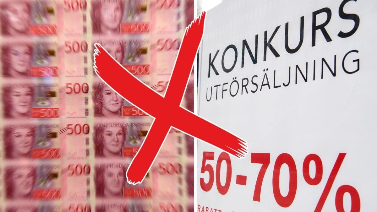 Bilder på sedlar och en skylt om konkurs.