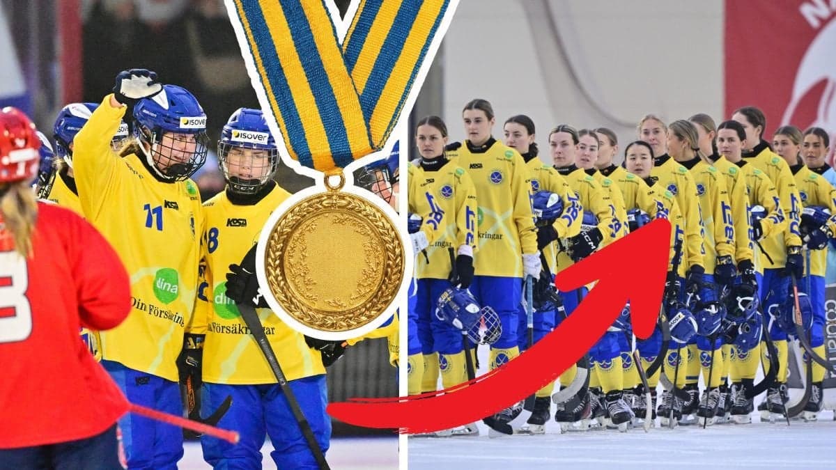 Svenska dam-bandylandslaget till höger och vänster. Utklippt guldmedalj i mitten. Röd pil pekar från medaljen på damerna.