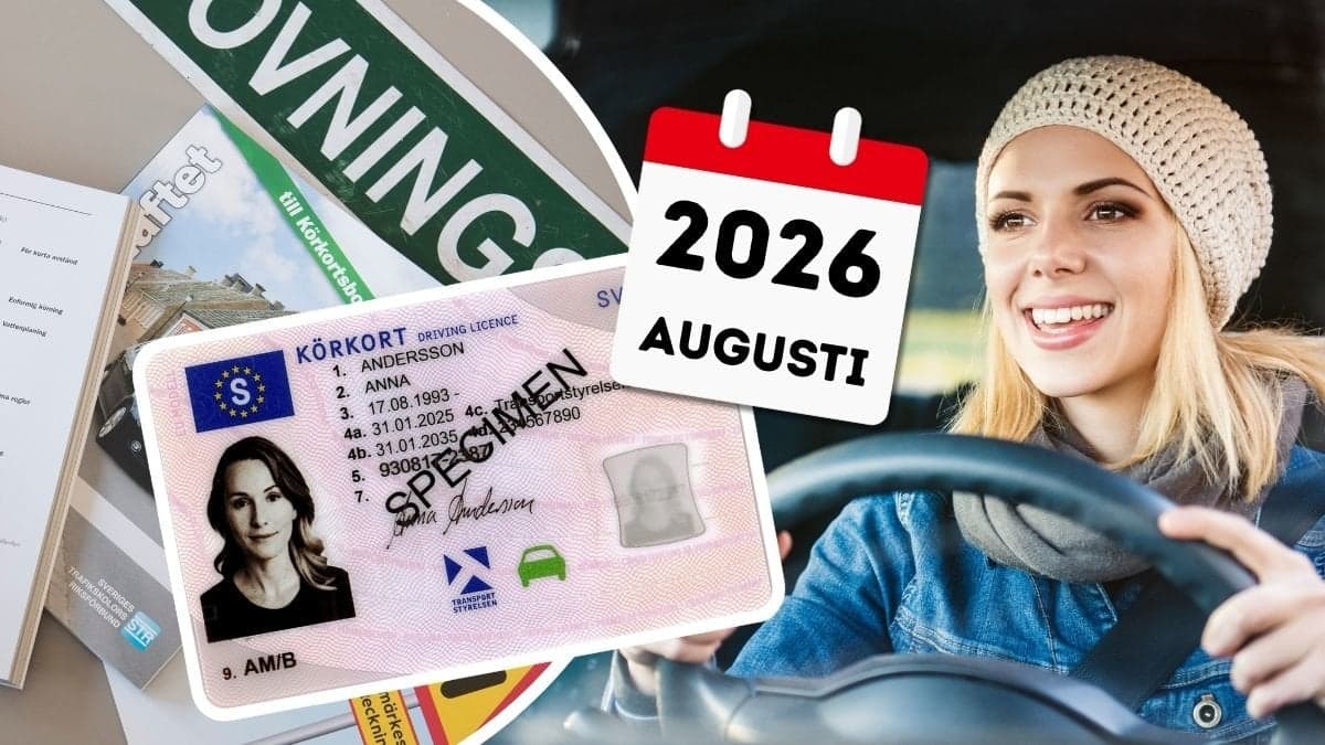 Körkortsteoriböcker, ung kvinna som kör bil och svenskt körkort