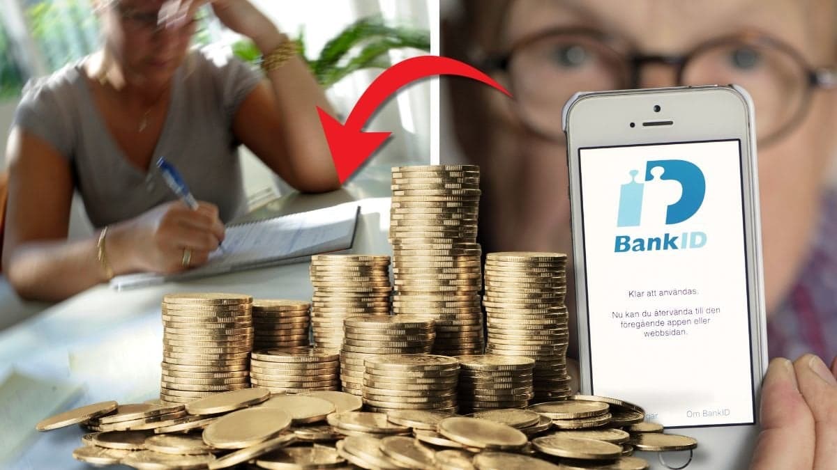 Räkningar och äldre man som håller i telefon med bankid.