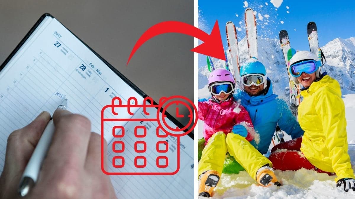 Allmenacka till vänster, familj på skidresa till höger. En röd pil pekar från allmenackan till familjen.