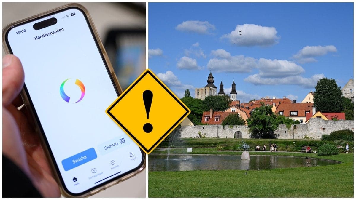 Swish-appen i en mobiltelefon och Visby. 