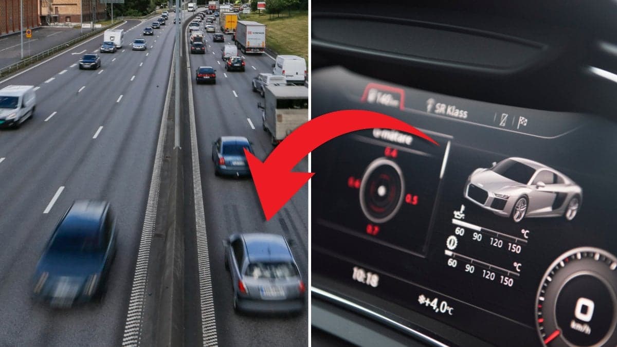 Trafik och instrumentpanel i bil.