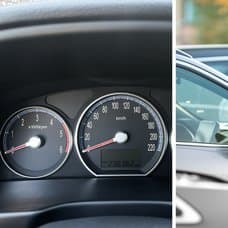 Milmätare på en bil-dashboard vänster. Flera bilar på rad höger.