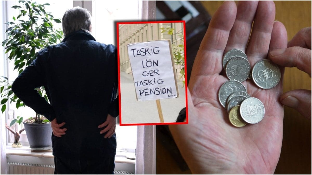 Man vid fönster, mynt i hand och demonstrationsskylt.