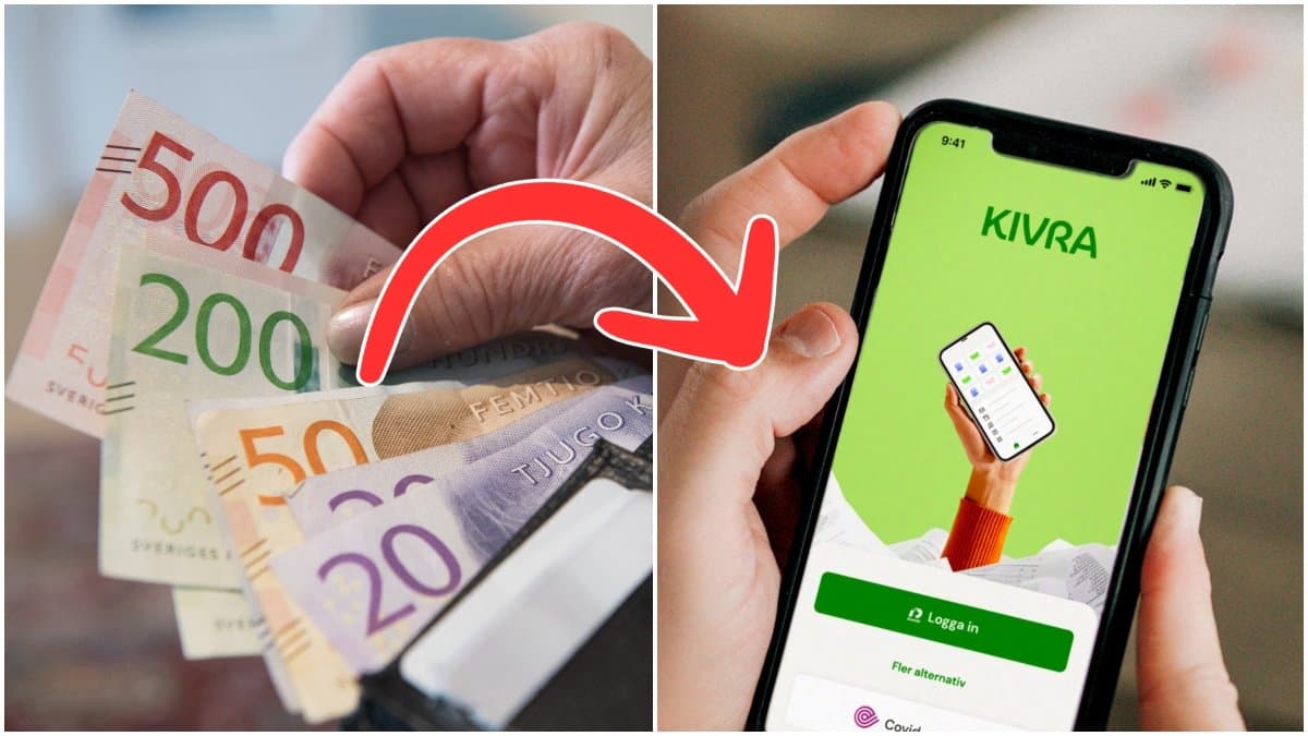 en plånbok med sedlar och en mobil med Kivra.