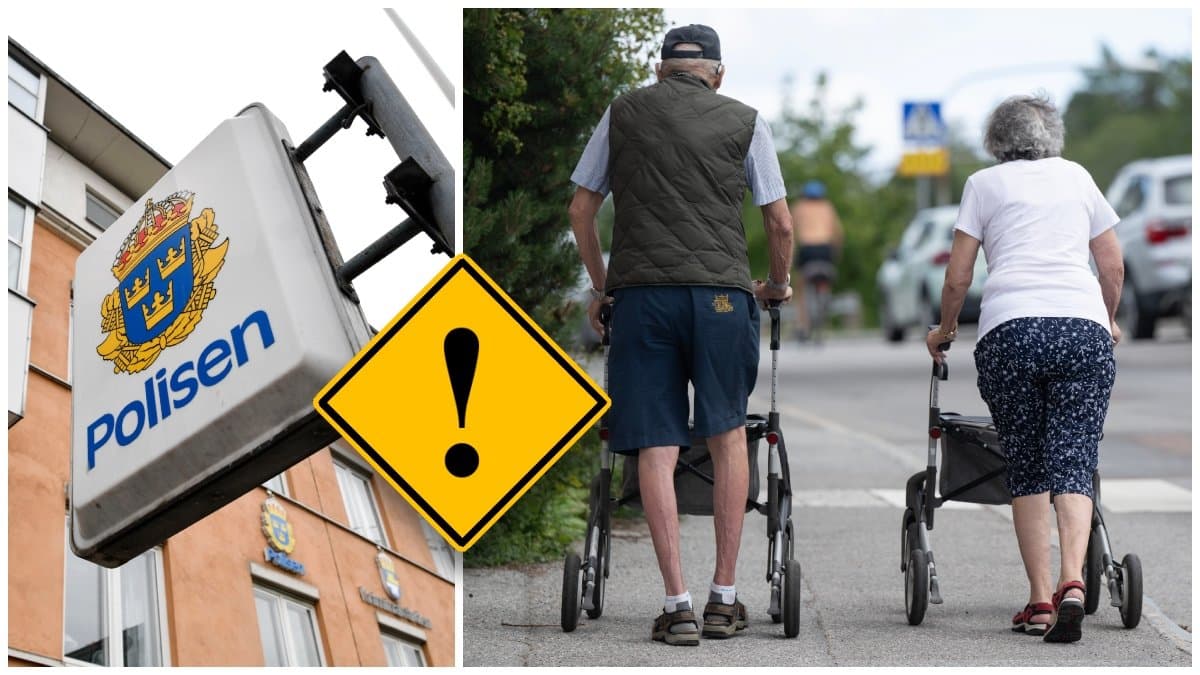 Polisens skylt och en äldre kvinna och man med varsin rullator