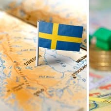 Sverigekarta med en svensk flagga på vänster. En mynthög med miniatyrhus på toppen höger.