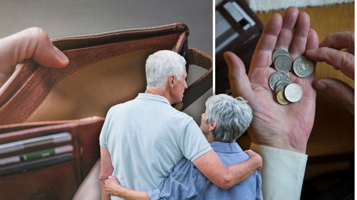 Tom plånbok, mynt i handen och ett par som håller om varandra.