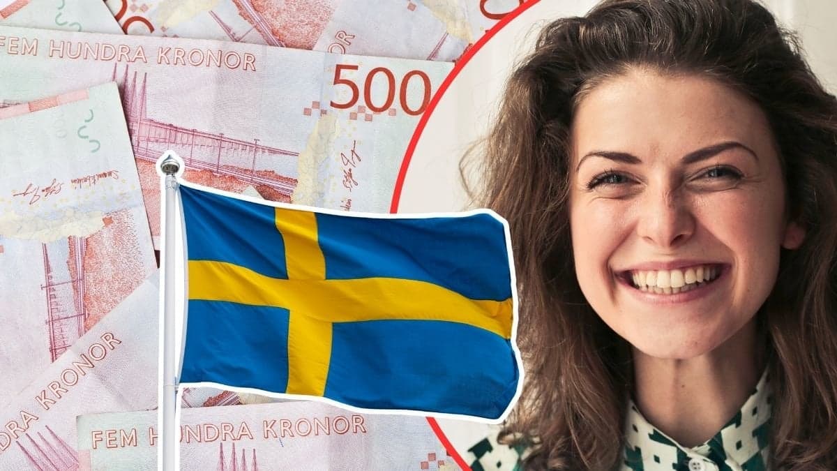 glad kvinna, pengar, svenska flagga