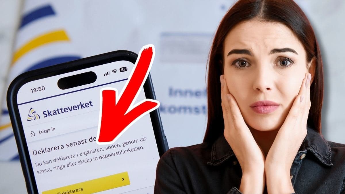 Deklaration i Skatteverket-appen och en ung kvinna med oroligt ansiktsuttryck