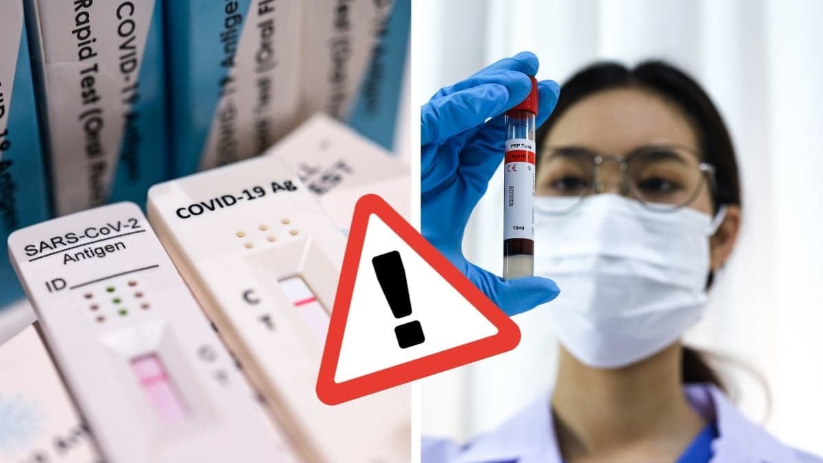 Covidtest vänster. Forskare med mask håller ett provrör höger. En varnings-skylt i mitten.