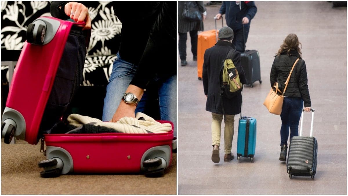 Kvinna packar sin resväska och resenärer med resväskor på flygplatsen.