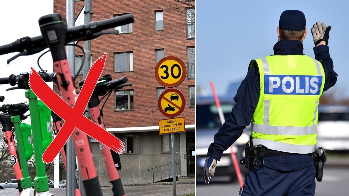 Parkerade elsparkcyklar och en trafikpolis. 
