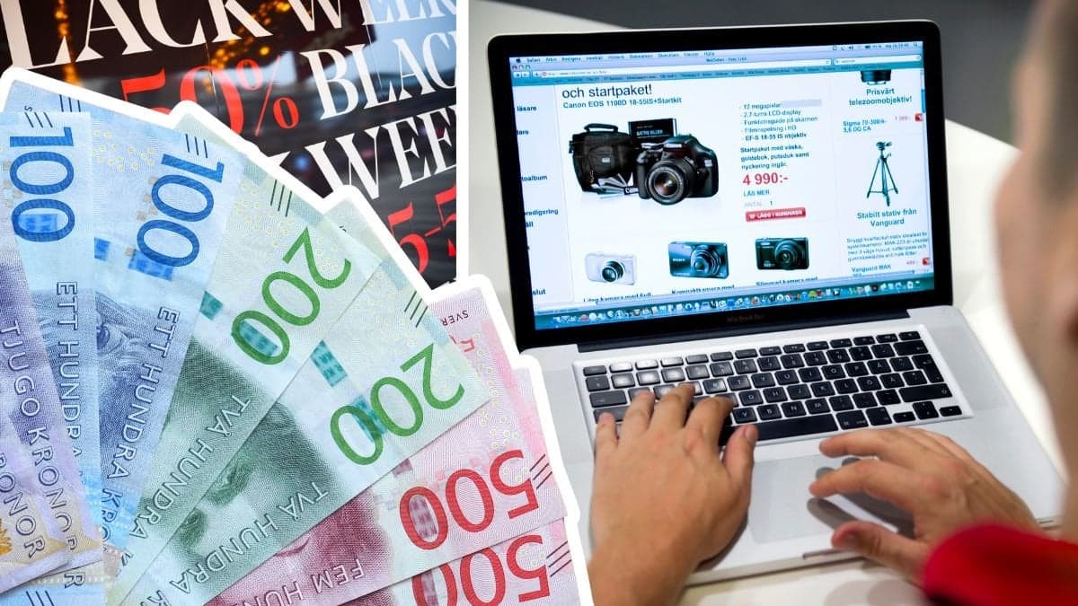 Svenska sedlar, Black Week-skyltar och någon som nätshoppar på en dator