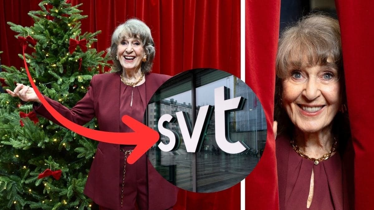 Siw Malmkvist bredvid en julgran och SVT:s logga