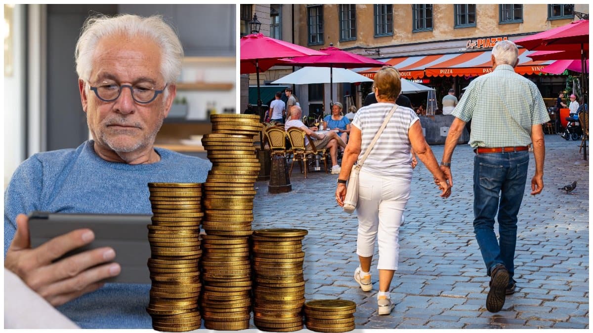 Äldre man med iPad och ett äldre par som är ute och går