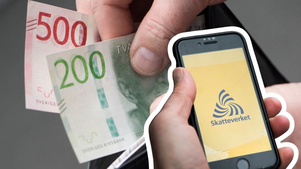 Pengar i plånbok och en mobil med Skatteverkets app.
