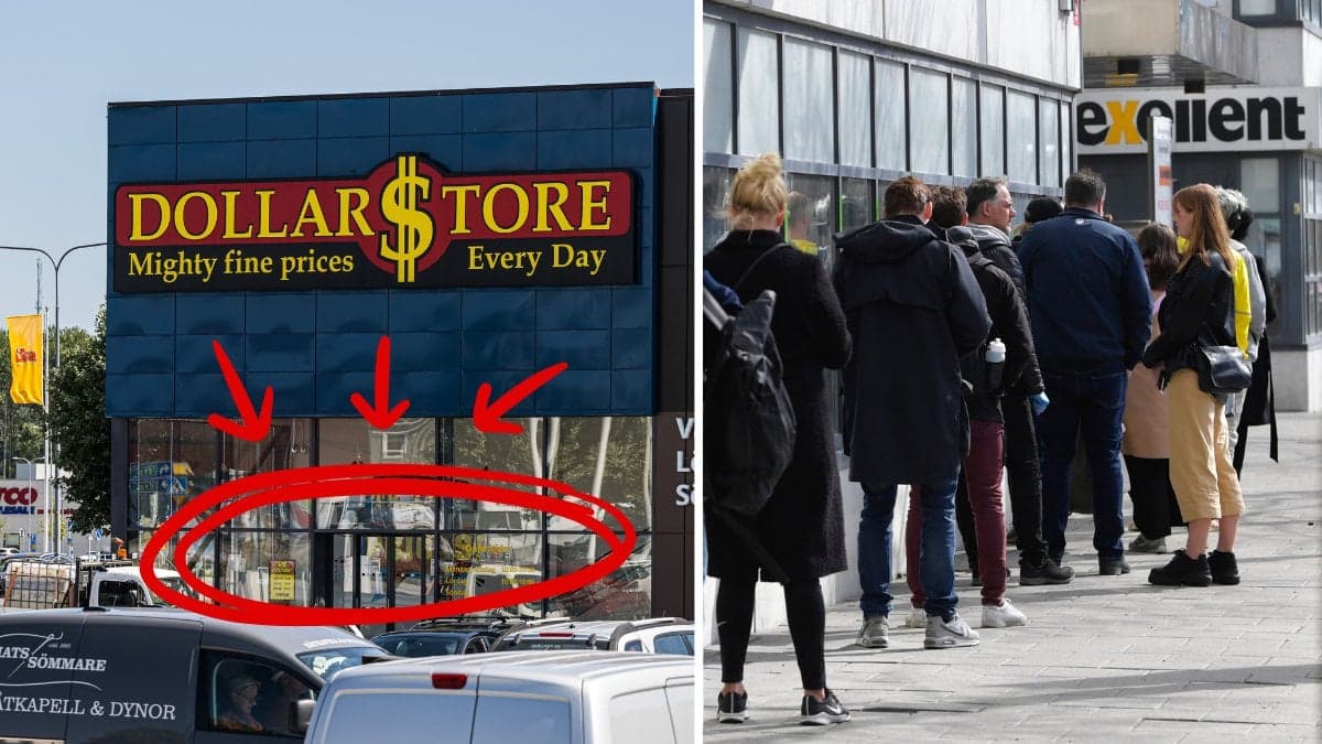Dollarstore och kunder som köar.