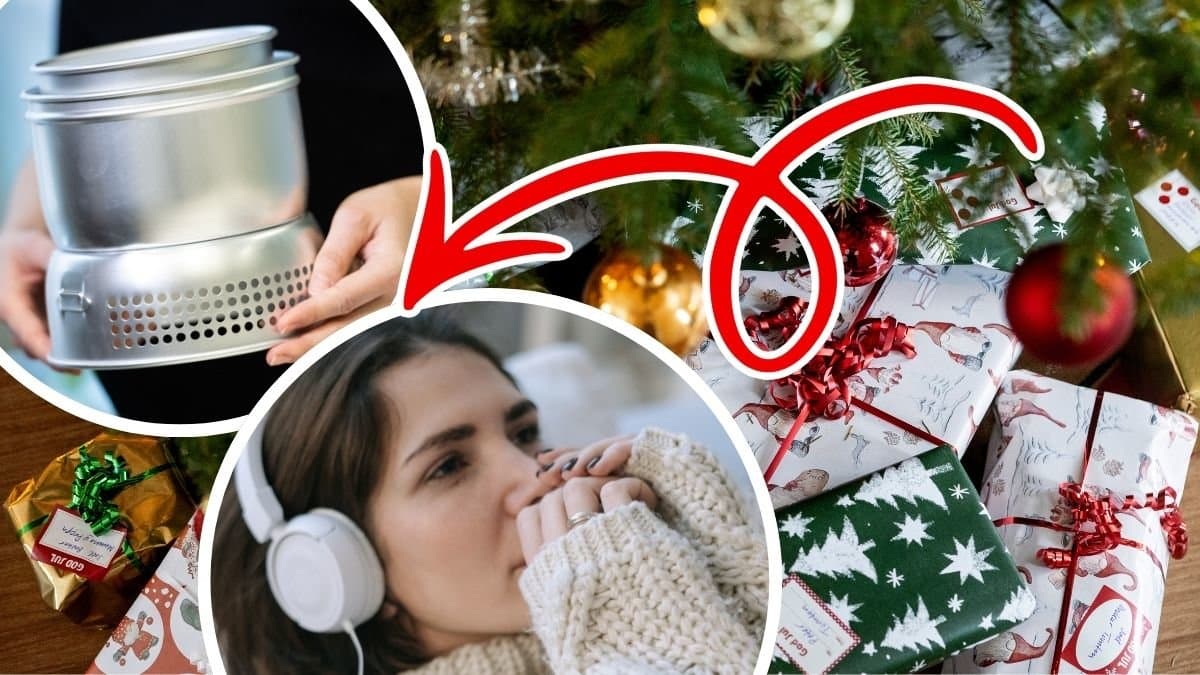 Stormkök, kvinna i hörlurar och stickad tröja samt julklappar under gran