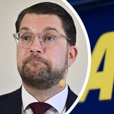 Jimmie Åkesson vänster. ATG-skylt höger.