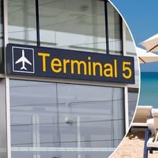 Bilder på en strand i Asien och en skylt på Terminal 5 på Arlanda.