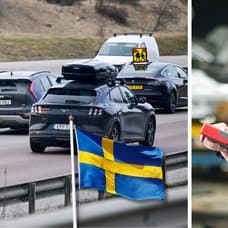 Bilväg och bilar som kör, samt en man på en bilverkstad.