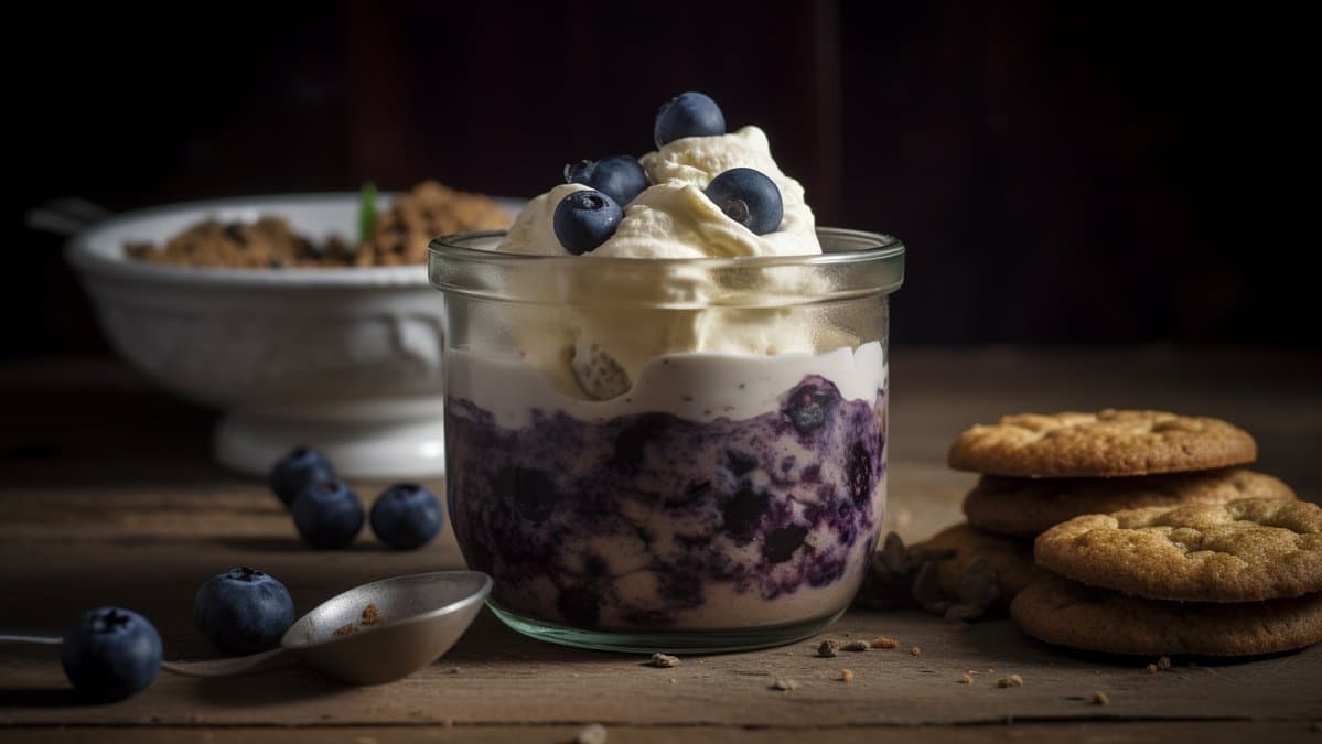Blåbär- och vaniljkräm med krossade kakor.