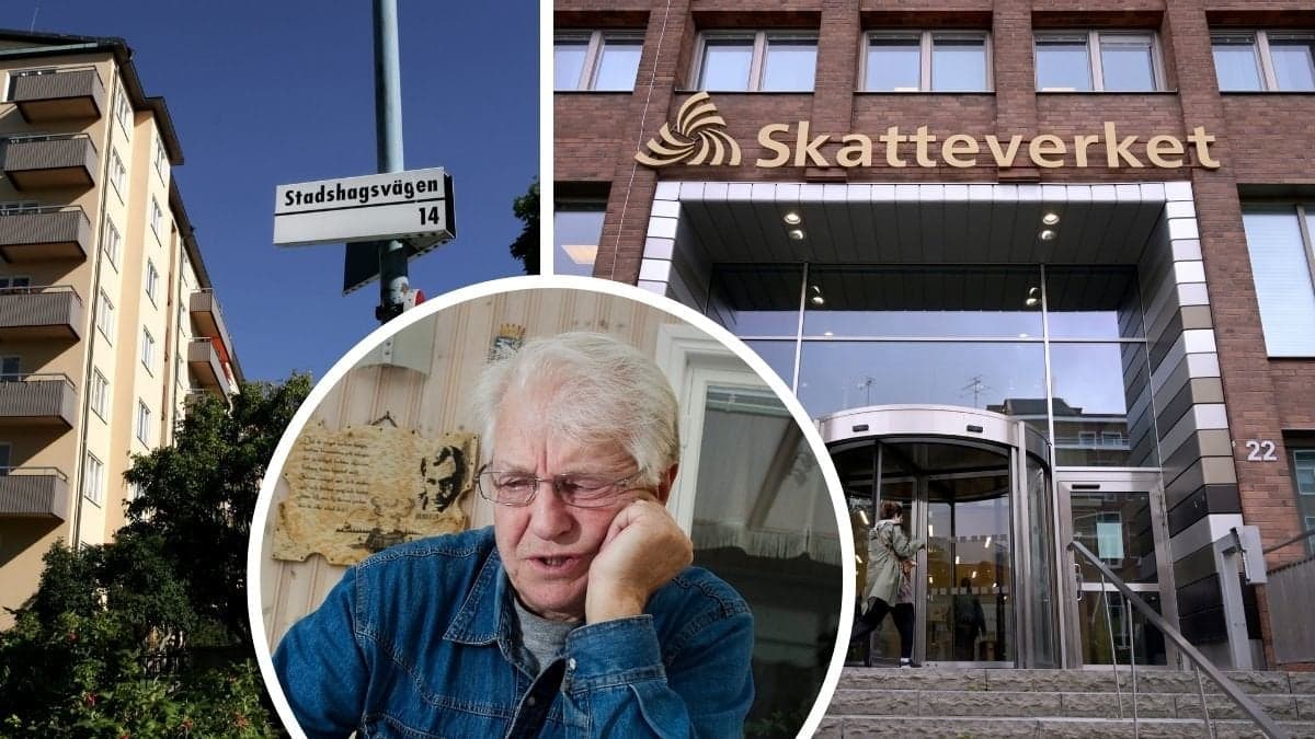 Gatuskylt framför bostadshus, en man med bekymrad min och Skatteverkets logga på en fasad