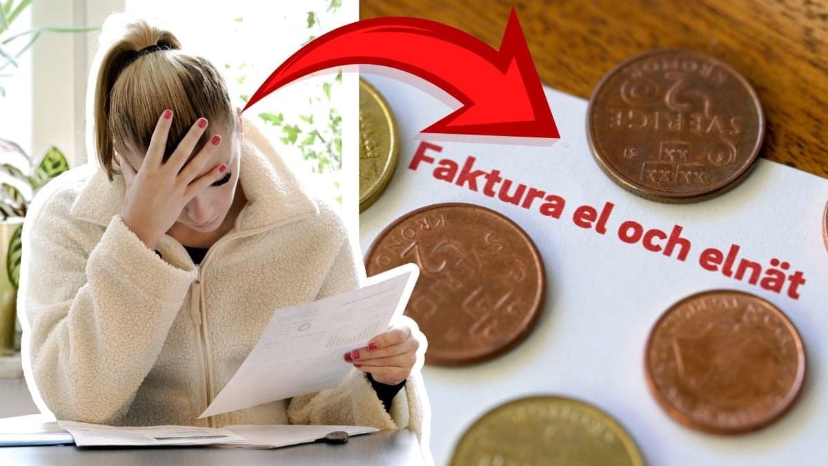 Kvinna med räkning i handen och huvudet i andra handen vänster. Elräkning täckt av mynt höger.