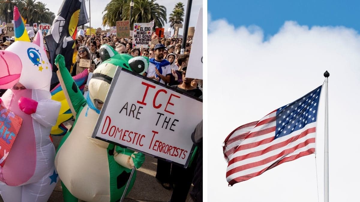 ICE-protest till vänster, amerikanska flaggan till höger.