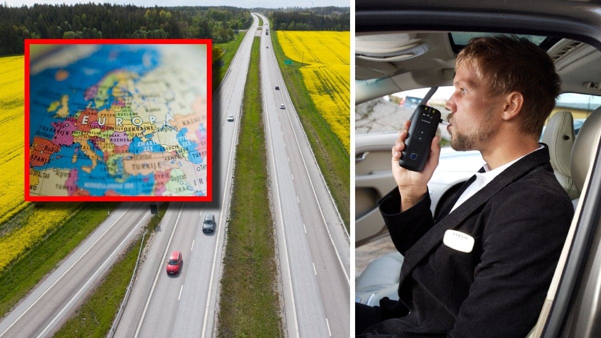 En motorväg, en jordglob över Europa och en man som blåser i en alkoholmätare, sittande i en bil.