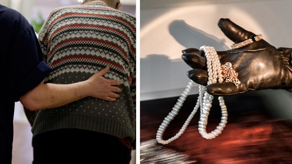 Hand på äldre persons rygg vänster. Hand med hanske håller i smycken.