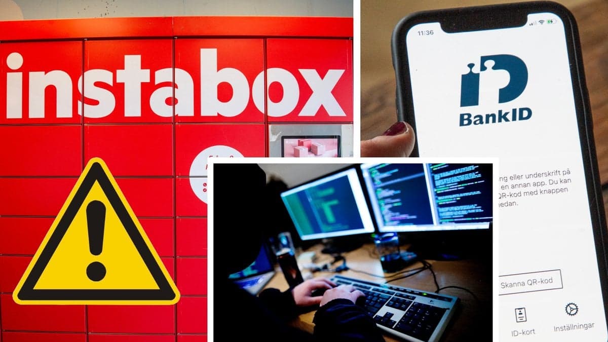 Bild på Instabox, Bank id loggan och en hacker