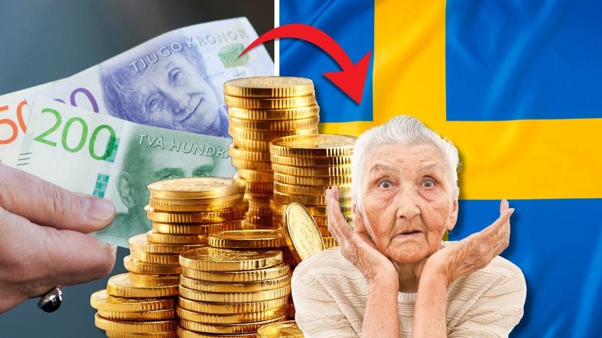 Kontanter och pengar och en äldre dam och svenska flaggan.